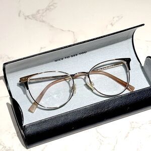 Warby Parker Ava reading glasses rose gold wire metal frame with glasses case